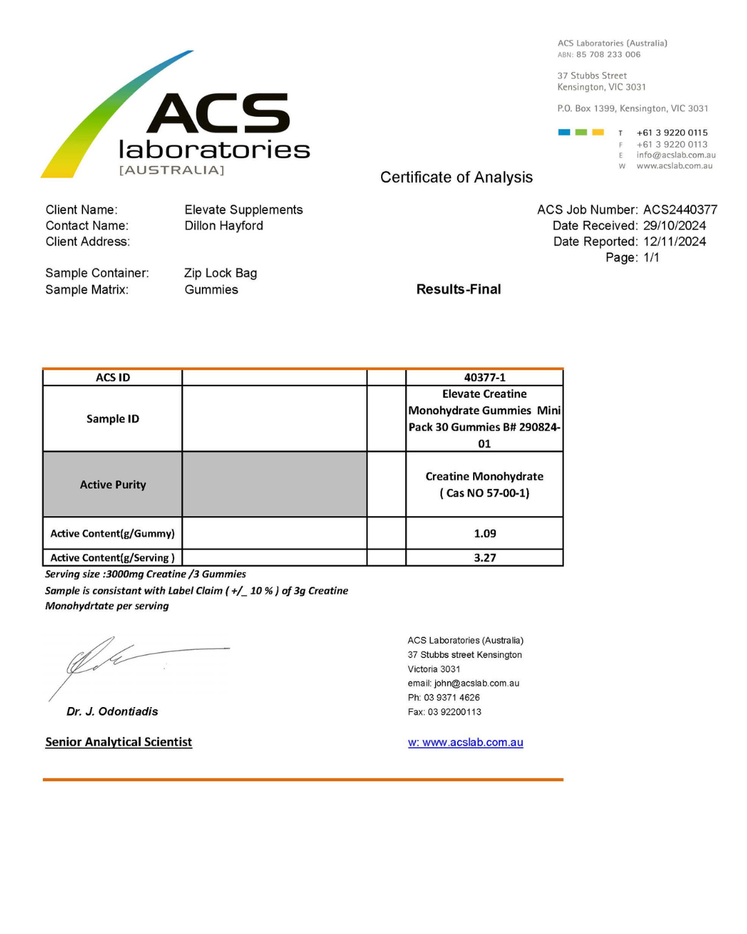 Elevate Creatine Gummies Testing Results #size_value-pack